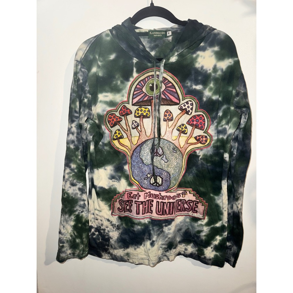 Kathmandu Imports Tie Dye Mushroom Graphic Hoodie Tee Green Navy Blue Medium